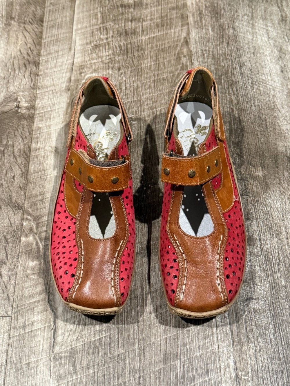 Rieker Mary Jane Shoes Womens 36 Pink/Brown Leather Perforated Comfort Casual